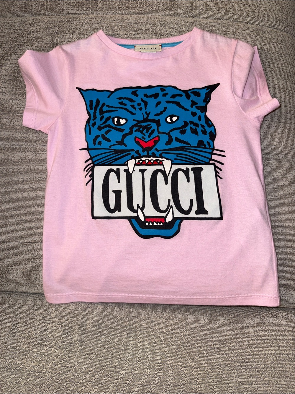Gucci Pink Short-Sleeve Tee with Blue Cat Graphic